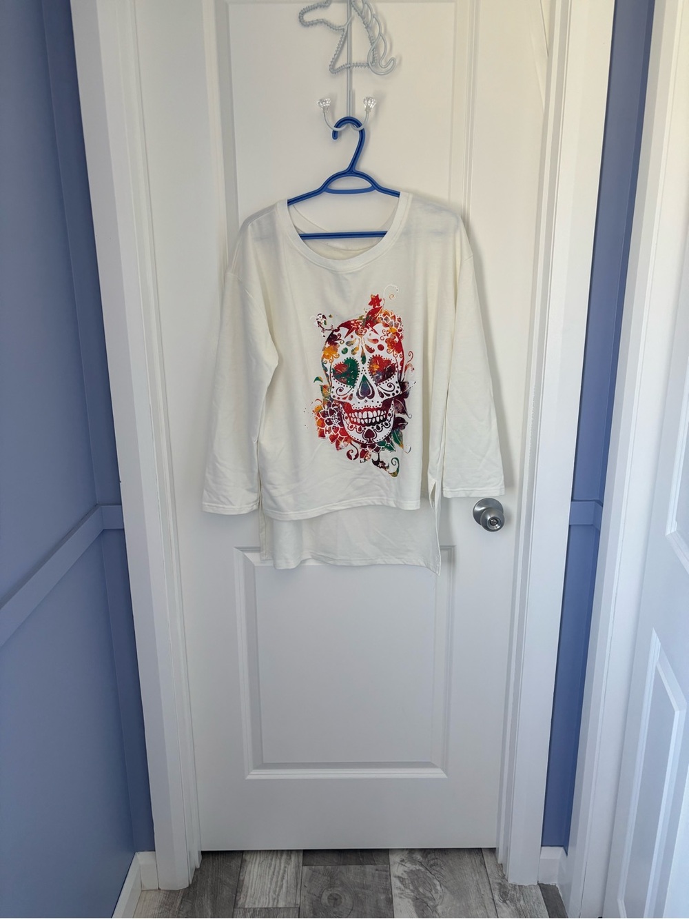 Women’s White Long-Sleeve Tee with Colorful Sugar Skull Graphic
